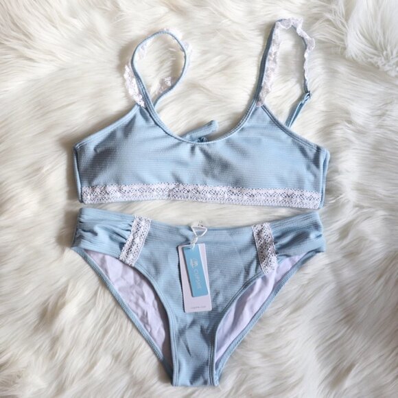 NEW Baby Blue White Lace Bikini Bathing Suit Swim Set Size Large - Picture 3 of 10